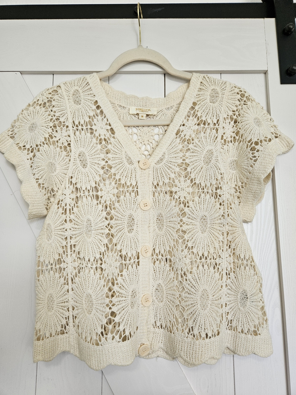 Rebellion Cream Crochet Button-Up Short Sleeve Blouse